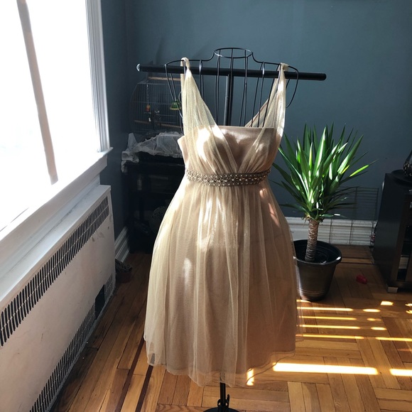 Beige/gold chiffon graduation dress. - Picture 1 of 2